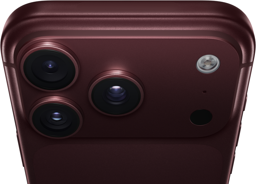 iPhone 18 Pro Max, värinä viininpunainen (tummanpunainen), taustapuoli, Pro Fusion ‑kamerajärjestelmä ylhäällä, 3 linssiä, mukautuva aukko osittain kiinni, salama, mikrofoni ja LiDAR-skanneri, ylhäältä päin, mobiiliantenni, litteät sivut, pyöristetyt reunat