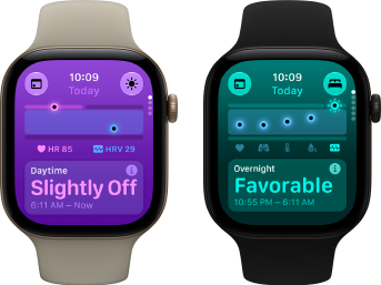 Kaksi Apple Watch Series 12 ‑laitetta: alumiinikuori, värinä vaalea kulta, päivän aikana mitatut elintoiminnot hieman poikkeavat, Digital Crown, hiekanvärinen urheiluranneke, alumiinikuori, värinä musta, yön aikana mitatut elintoiminnot suotuisilla tasoilla, Digital Crown, musta urheiluranneke