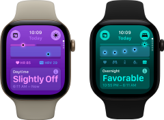 Kaksi Apple Watch Series 12 ‑laitetta: alumiinikuori, värinä vaalea kulta, päivän aikana mitatut elintoiminnot hieman poikkeavat, Digital Crown, hiekanvärinen urheiluranneke, alumiinikuori, värinä musta, yön aikana mitatut elintoiminnot suotuisilla tasoilla, Digital Crown, musta urheiluranneke