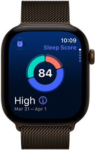 Apple Watch Series 12, alumiinikuori, värinä tumma pronssi, unituloksen ympyräkaavio, Digital Crown, milanolaisranneke, värinä tumma pronssi