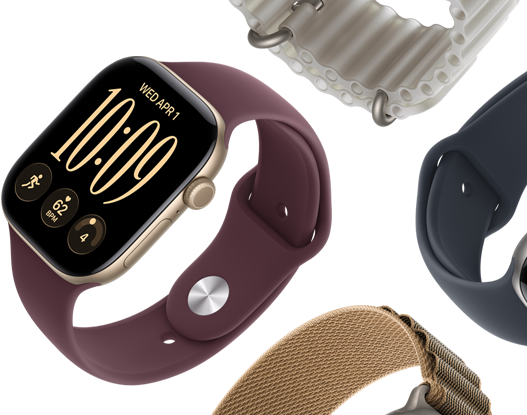 Apple Watch Series 11:n rannekkeet: usvanvioletti urheiluranneke, ankkurinsininen Ocean-ranneke, vaaleansininen Alpine-ranneke
