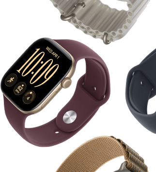 Apple Watch Series 11:n rannekkeet: usvanvioletti urheiluranneke, ankkurinsininen Ocean-ranneke, vaaleansininen Alpine-ranneke