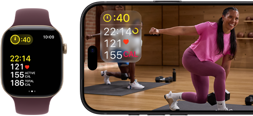 Apple Watch iPhonen vieressä, näytöllä Apple Fitness+ ‑tunti