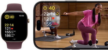 Apple Watch iPhonen vieressä, näytöllä Apple Fitness+ ‑tunti