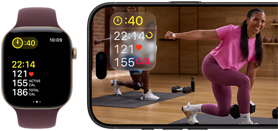 Apple Watch iPhonen vieressä, näytöllä Apple Fitness+ ‑tunti