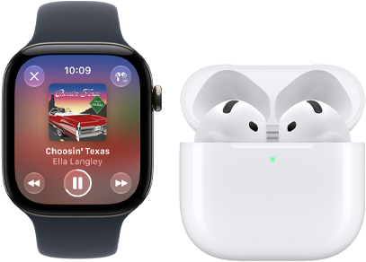 Apple Watch Series 12, alumiinikuori, värinä musta, musta urheiluranneke, Apple Music -appi avoinna, paritettu AirPods 4 ‑kuulokkeiden kanssa