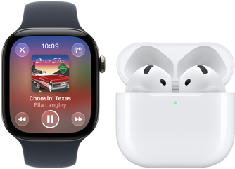 Apple Watch Series 12, alumiinikuori, värinä musta, musta urheiluranneke, Apple Music -appi avoinna, paritettu AirPods 4 ‑kuulokkeiden kanssa