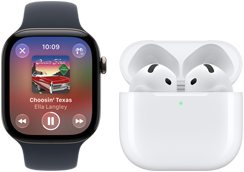 Apple Watch Series 12, alumiinikuori, värinä musta, musta urheiluranneke, Apple Music -appi avoinna, paritettu AirPods 4 ‑kuulokkeiden kanssa