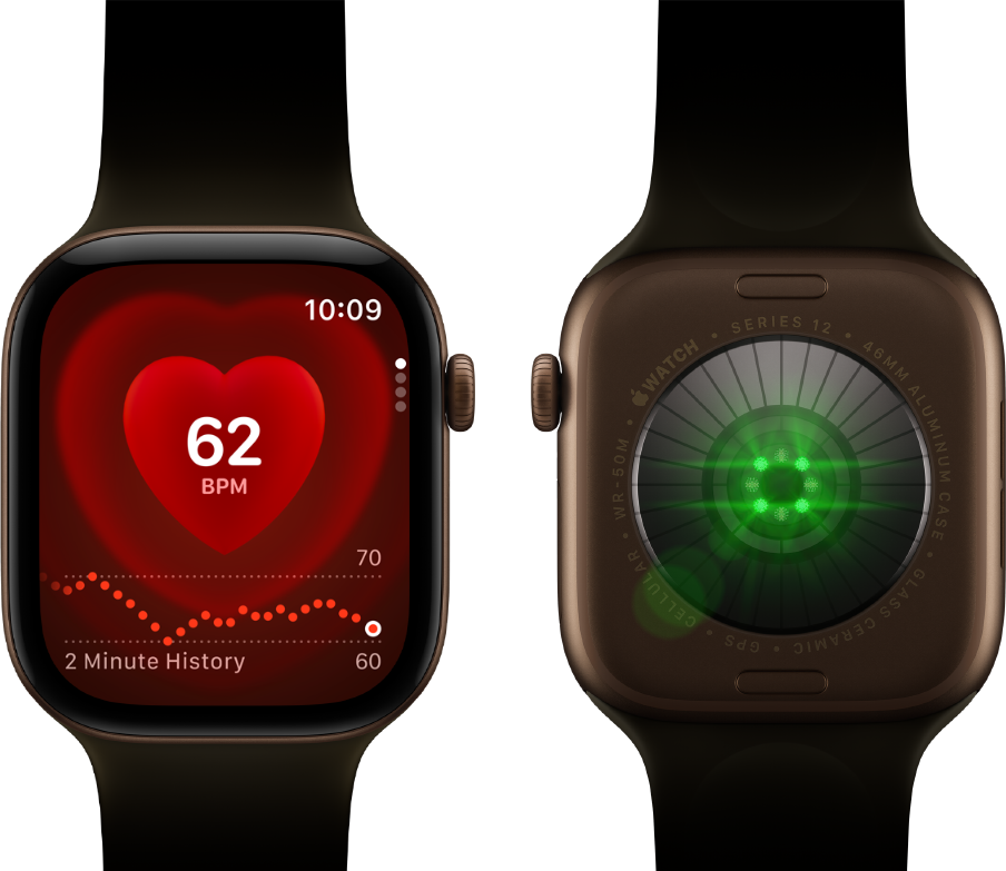Kaksi Apple Watch Series 12 ‑laitetta, alumiinikuori, värinä tumma pronssi, oliivinvihreä urheiluranneke, toisessa näkyy Syke-appi, toisen kellon takaosassa näkyy terveysseuranta ja hehkuvia vihreitä LED-valoja