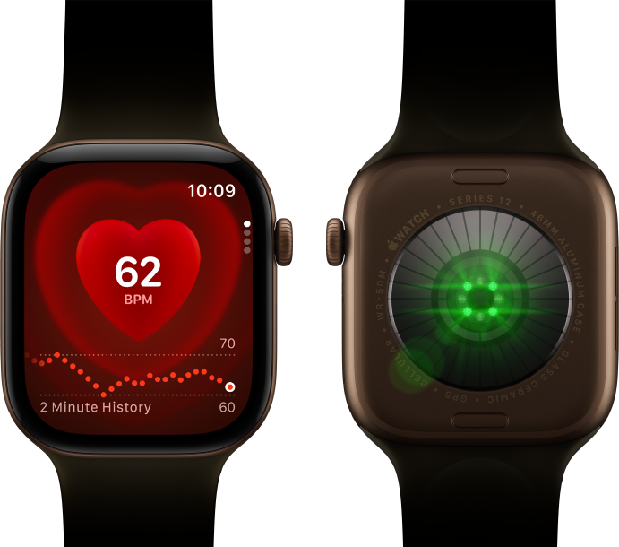 Kaksi Apple Watch Series 12 ‑laitetta, alumiinikuori, värinä tumma pronssi, oliivinvihreä urheiluranneke, toisessa näkyy Syke-appi, toisen kellon takaosassa näkyy terveysseuranta ja hehkuvia vihreitä LED-valoja