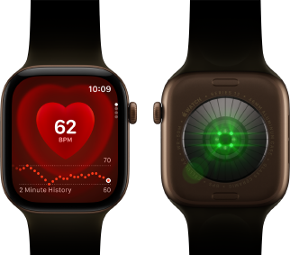 Kaksi Apple Watch Series 12 ‑laitetta, alumiinikuori, värinä tumma pronssi, oliivinvihreä urheiluranneke, toisessa näkyy Syke-appi, toisen kellon takaosassa näkyy terveysseuranta ja hehkuvia vihreitä LED-valoja