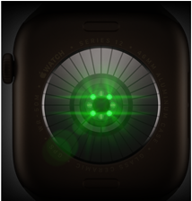 Apple Watch Series 12:n tausta­puoli, alumiini­kuori, värinä tumma pronssi, useita pyöreitä antureita ja hehkuvia vihreitä LED-valoja, näkymä vasemmasta sivusta, Digital Crown, urheilu­ranneke, värinä oliivinvihreä