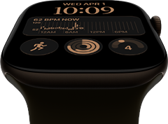 Apple Watch Series 12, alumiinikuori, värinä tumma pronssi, Moduulit-kellotaulu, komplikaatiot: päivä ja päivämäärä, Treenit, Aktiivisuusympyrät, Apple Music, näkymä oikeasta sivusta, Digital Crown, urheiluranneke, värinä oliivinvihreä