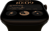Apple Watch Series 12, alumiinikuori, värinä tumma pronssi, Moduulit-kellotaulu, komplikaatiot: päivä ja päivämäärä, Treenit, Aktiivisuusympyrät, Apple Music, näkymä oikeasta sivusta, Digital Crown, urheiluranneke, värinä oliivinvihreä