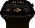 Apple Watch Series 12, alumiinikuori, värinä tumma pronssi, Moduulit-kellotaulu, komplikaatiot: päivä ja päivämäärä, Treenit, Aktiivisuusympyrät, Apple Music, näkymä oikeasta sivusta, Digital Crown, urheiluranneke, värinä oliivinvihreä
