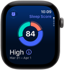 Apple Watch Series 12, alumiinikuori, värinä tähtiharmaa, unituloksen ympyräkaavio, näkymä oikeasta sivusta, Digital Crown