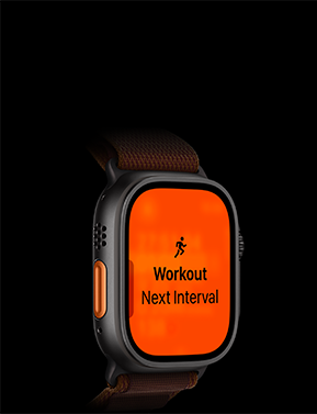 Apple Watch Ultra 4, titaanikuori, värinä musta, Juoksutreeni, seuraava intervalli, näkymä vasemmasta sivusta, oranssi toimintopainike, Alpine-ranneke