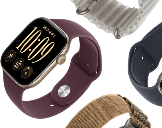 Apple Watch Series 11:n rannekkeet: usvanvioletti urheiluranneke, ankkurinsininen Ocean-ranneke, vaaleansininen Alpine-ranneke