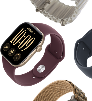 Apple Watch Series 11:n rannekkeet: usvanvioletti urheiluranneke, ankkurinsininen Ocean-ranneke, vaaleansininen Alpine-ranneke