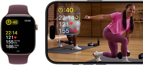 Apple Watch iPhonen vieressä, näytöllä Apple Fitness+ ‑tunti