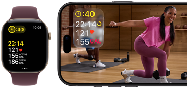 Apple Watch iPhonen vieressä, näytöllä Apple Fitness+ ‑tunti