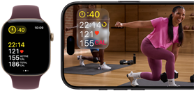 Apple Watch iPhonen vieressä, näytöllä Apple Fitness+ ‑tunti