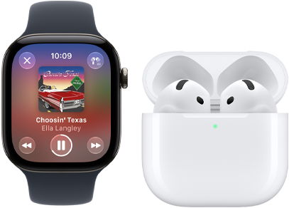 Apple Watch Series 12, alumiinikuori, värinä musta, musta urheiluranneke, Apple Music -appi avoinna, paritettu AirPods 4 ‑kuulokkeiden kanssa