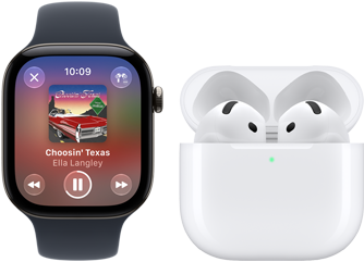Apple Watch Series 12, alumiinikuori, värinä musta, musta urheiluranneke, Apple Music -appi avoinna, paritettu AirPods 4 ‑kuulokkeiden kanssa