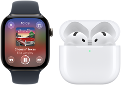 Apple Watch Series 12, alumiinikuori, värinä musta, musta urheiluranneke, Apple Music -appi avoinna, paritettu AirPods 4 ‑kuulokkeiden kanssa