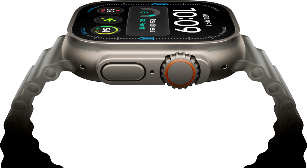 Apple Watch Ultra 4, titaanikuori, värinä luonnonvaalea, digitaalinen kellotaulu, komplikaatiot: valmius, syke, Treenit, lämpötila, näkymä oikeasta sivusta, Digital Crown, korotettu sivupainike, Ocean-ranneke, värinä kuultoharmaa