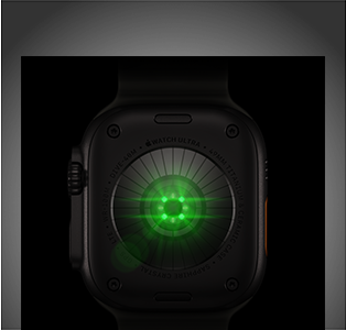 Apple Watch Ultra 4, taustapuoli, titaanikuori, värinä musta, useita pyöreitä antureita ja hehkuvia vihreitä LED-valoja