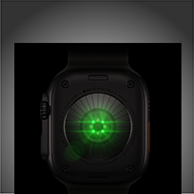 Apple Watch Ultra 4, taustapuoli, titaanikuori, värinä musta, useita pyöreitä antureita ja hehkuvia vihreitä LED-valoja