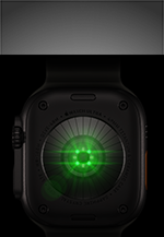 Apple Watch Ultra 4, taustapuoli, titaanikuori, värinä musta, useita pyöreitä antureita ja hehkuvia vihreitä LED-valoja