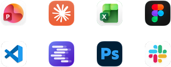 Seuraavien appien kuvakkeet: Microsoft PowerPoint, Anthropicin Claude, Microsoft Excel, Figma, Visual Studio Code, LM Studio, Adobe Photoshop ja Slack