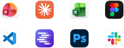 Seuraavien appien kuvakkeet: Microsoft PowerPoint, Anthropicin Claude, Microsoft Excel, Figma, Visual Studio Code, LM Studio, Adobe Photoshop ja Slack