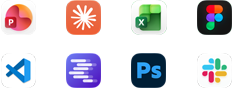 Seuraavien appien kuvakkeet: Microsoft PowerPoint, Anthropicin Claude, Microsoft Excel, Figma, Visual Studio Code, LM Studio, Adobe Photoshop ja Slack