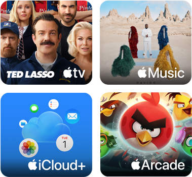 Neljä paneelia, Apple TV ‑paneelissa hahmoja Ted Lasso ‑sarjasta, Apple Music ‑paneelissa Davidon albumin 5ive kansi, iCloud Plus ‑paneelissa pilvi, jota ympäröivät Kuvat-, Kalenteri-, Mail-, Muistutukset-, Viestit- ja Tiedostot-appien kuvakkeet, Apple Arcade ‑paneelissa hahmoja Angry Birds ‑pelistä