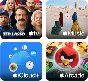 Neljä paneelia, Apple TV ‑paneelissa hahmoja Ted Lasso ‑sarjasta, Apple Music ‑paneelissa Davidon albumin 5ive kansi, iCloud Plus ‑paneelissa pilvi, jota ympäröivät Kuvat-, Kalenteri-, Mail-, Muistutukset-, Viestit- ja Tiedostot-appien kuvakkeet, Apple Arcade ‑paneelissa hahmoja Angry Birds ‑pelistä