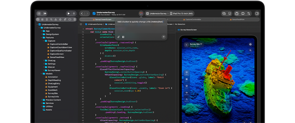 MacBook Pron näytöllä Xcode, jossa vedenalaista tutkimusta koskeva appiprojekti ja tekoälyn luoma koodiehdotus