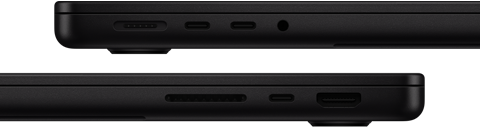 Kuvassa MacBook Pron portit – vasen puoli: MagSafe, kaksi Thunderbolt-porttia ja kuulokeliitäntä – oikea puoli: SDXC, yksi Thunderbolt-portti ja HDMI