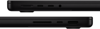 Kuvassa MacBook Pron portit – vasen puoli: MagSafe, kaksi Thunderbolt-porttia ja kuulokeliitäntä – oikea puoli: SDXC, yksi Thunderbolt-portti ja HDMI