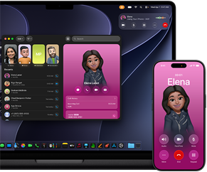 MacBook Pro ja iPhone, Puhelin-appi avoinna, sama yhteystieto näkyvillä kummallakin näytöllä