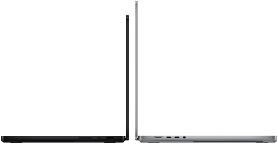 14 tuuman tähtimusta MacBook Pro 16 tuuman hopeanvärisen MacBook Pron vieressä