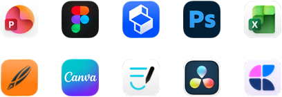 Kymmenen appikuvaketta kahdessa rivissä: PowerPoint, Figma, Shapr3D, Photoshop, Excel, Linearity, Canva, GoodNotes, DaVinci Resolve, Craft