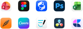 Kymmenen appikuvaketta kahdessa rivissä: PowerPoint, Figma, Shapr3D, Photoshop, Excel, Linearity, Canva, GoodNotes, DaVinci Resolve, Craft