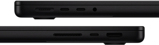 Kuvassa MacBook Pron portit – vasen puoli: MagSafe, kaksi Thunderbolt-porttia ja kuulokeliitäntä – oikea puoli: SDXC, yksi Thunderbolt-portti ja HDMI