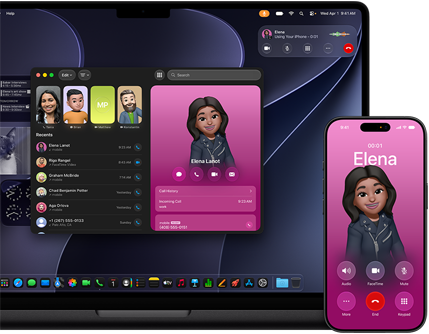 MacBook Pro ja iPhone, Puhelin-appi avoinna, sama yhteystieto näkyvillä kummallakin näytöllä