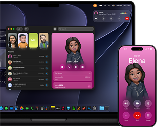 MacBook Pro ja iPhone, Puhelin-appi avoinna, sama yhteystieto näkyvillä kummallakin näytöllä