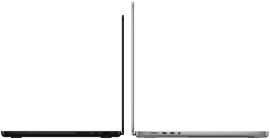 14 tuuman tähtimusta MacBook Pro 16 tuuman hopeanvärisen MacBook Pron vieressä