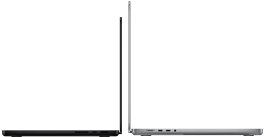 14 tuuman tähtimusta MacBook Pro 16 tuuman hopeanvärisen MacBook Pron vieressä